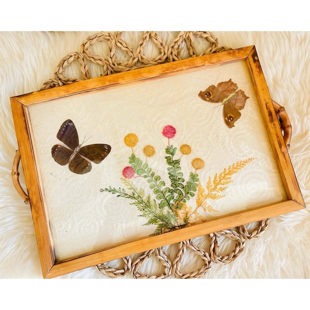 Vintage Butterflies & Dried Flowers Bamboo Tray